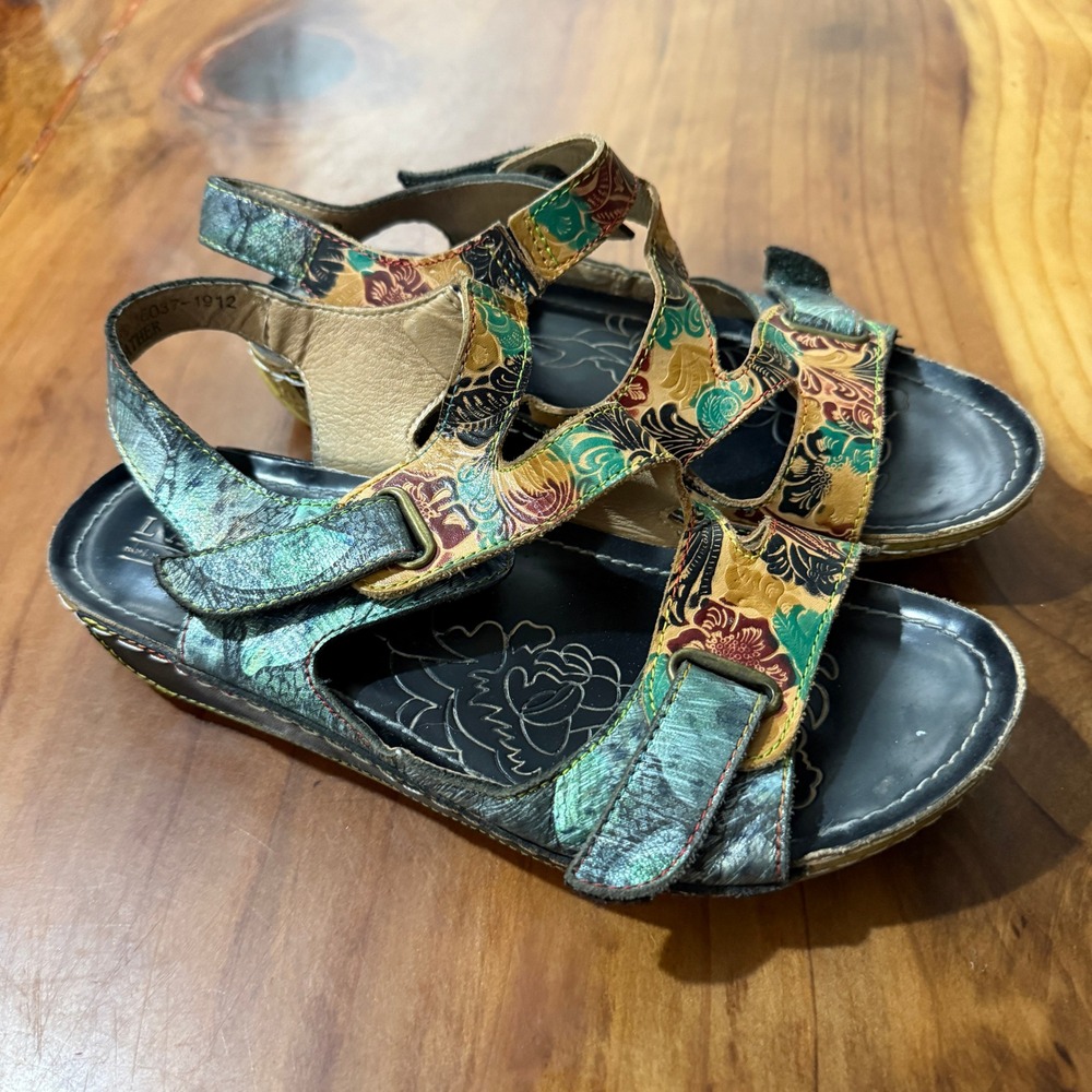 L'artiste Sandals 38 7.5-8 Leather Floral Symphony Floral Bohemian Sumacah